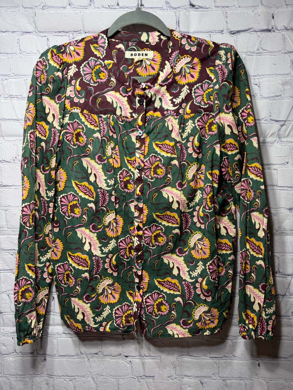 Boden Womens Full Button Floral Long Sleeve Top Dark Sz 8 Casual